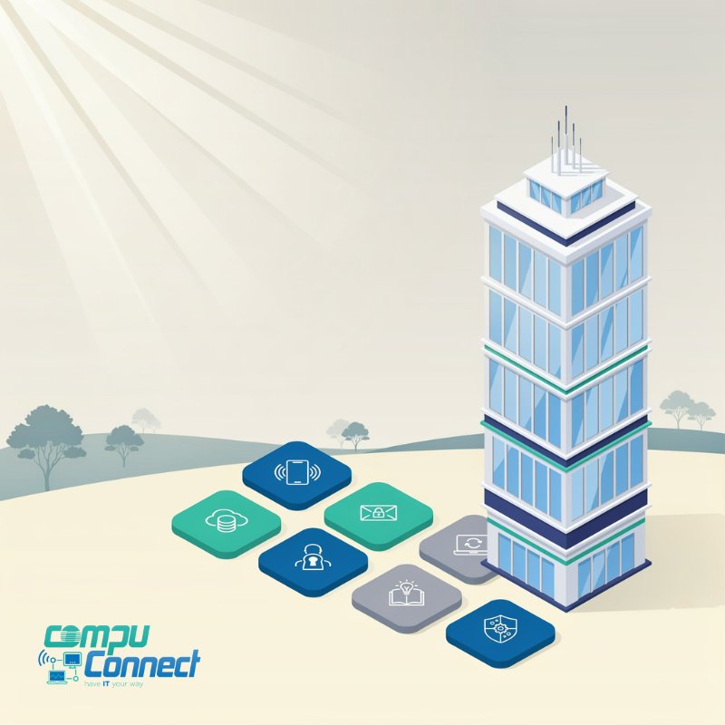 Isometric office building with cybersecurity icons and CompuConnect logo