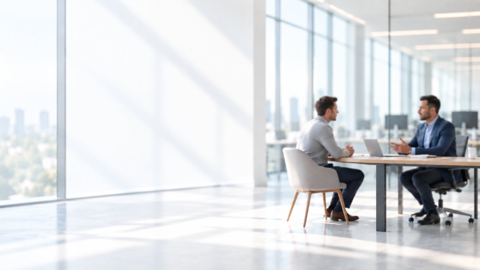 Two colleagues talking at a desk in a bright modern office